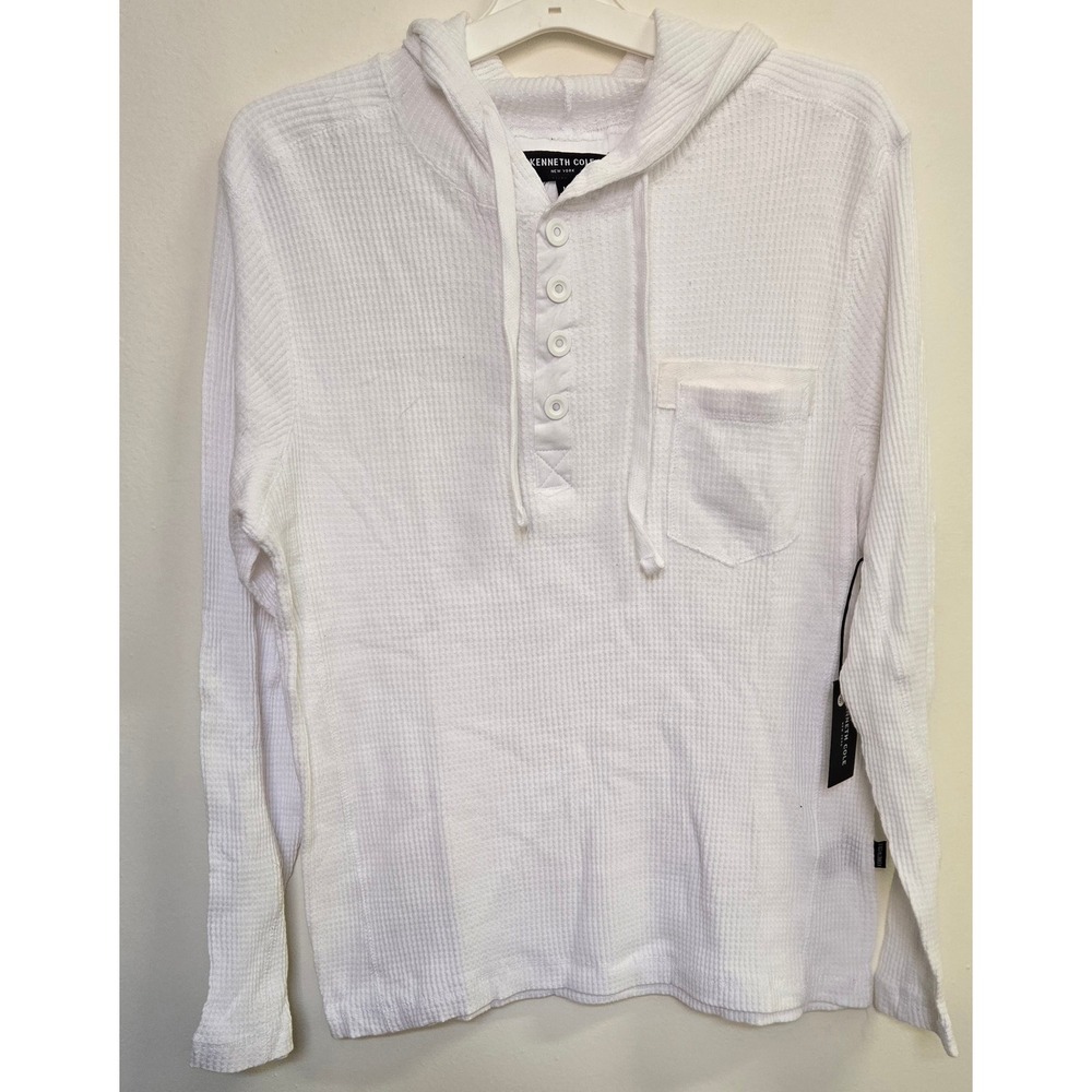 Kenneth Cole New York Mens Waffle Knit Henley Hoodie White KH9KTWHT Medium